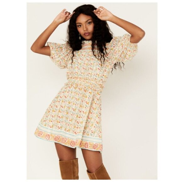 Cleobella XS Dallas Mini Dress Yellow Floral Boho Puff Sleeve Festival Chic - Picture 1 of 11
